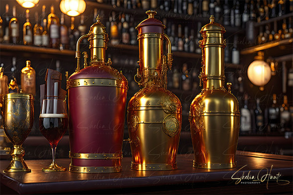 Beautiful and elegant whiskey bottles in a contemporary bar in Louisville, Kentucky, in tones of brown, gold, bronze and yellow. This artificial intelligent digital artwork is from the Fine Art Gallery of Shelia Hunt.