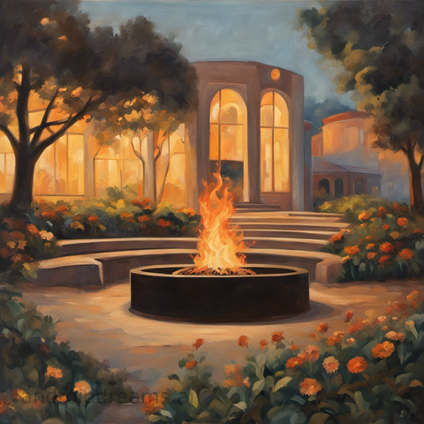 An image generated by Stable Diffusion, with the prompt "Oil painting of a fire pit, art-deco, bloom, in the distance"