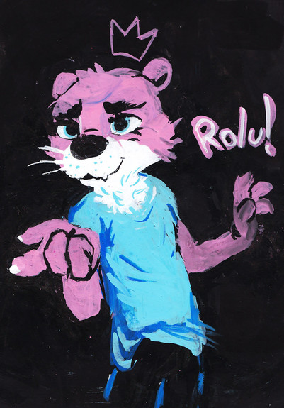 A pink otter wearing a blue shirt standing on a black background gesturing to the viewer