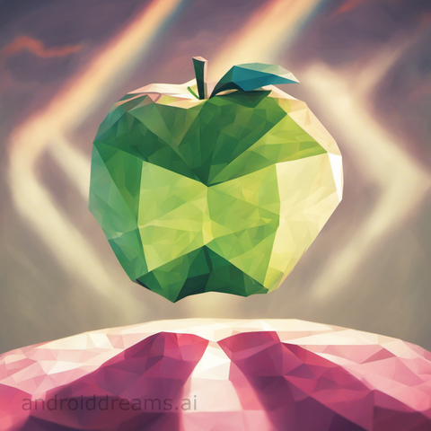 An image generated by Stable Diffusion, with the prompt "Low poly illustration of an apple, grunge, god rays, trending on artstation, in the style of Pixar"
