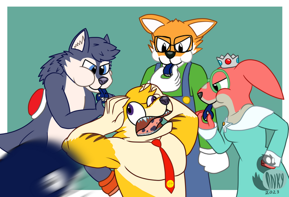 Prawnzo, Merle, and Keliff blowing the chomp call (a blue whistle) in Skai's ears.

A motion blurred chain chomp is shown in the bottom left.