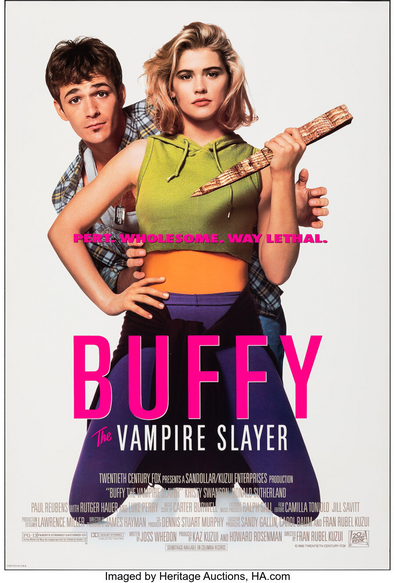 Movie poster for the 1992 Buffy The Vampire Slayer. Poster shows Kristy Swanson as Burry (holding a wooden stake) with Luke Perry as Pike standing behind her.