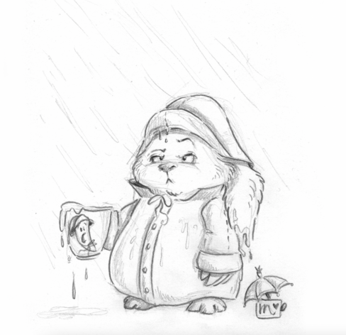 Bleistiftzeichnung des Grummelhasen in Ölzeug mit Mantel und Hut. Es regnet Bindfäden. Er hält seine Möhrentasse, aus der der Regen schwappt und schaut not amused aus. Die Möhre ist auch nicht begeistert.