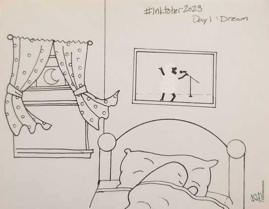 Ink drawing of a ghost sleeping deeply in a big bed under a picture of a sheep singing into a microphone. Wind blowing throw the nearby window stirs the curtains, & a crescent moon hangs in the sky.