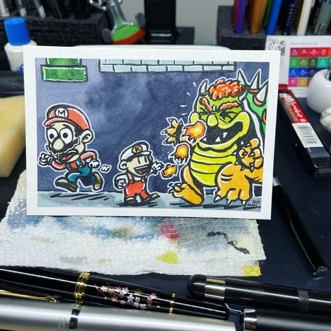 Ink and watercolour cartoon of Mario, mini Mario and Bowser.