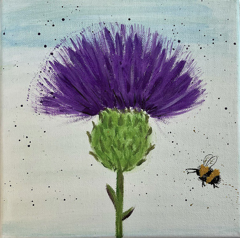 A painting of a thistle with splatters of purple and a bee bottom right