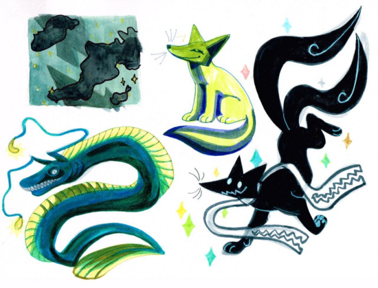 Various characters on a white background. An eel monster, a yellow fox with a green face, a black fox with two tails and a scarf with two muzzles and an undefined spot, looking like camo or a background. Traditionally drawn.