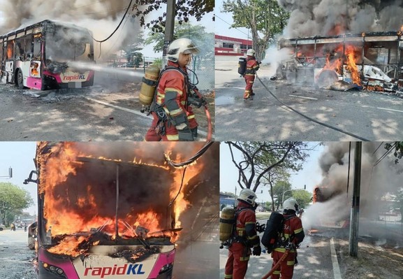 A grid of four photos taken from the article linked, showing the bus in fire from multiple angles.