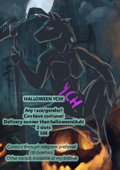 digital illustration of an anthro silhouette, sitting on a spooky pumpkin, advertising for a ych commission for halloween