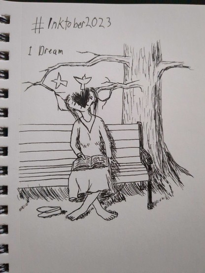 A sketch in ink of a woman sitting on a park bench. She's fallen into the spell of a book and a nearby tree has opened her mind to let her dreams out.