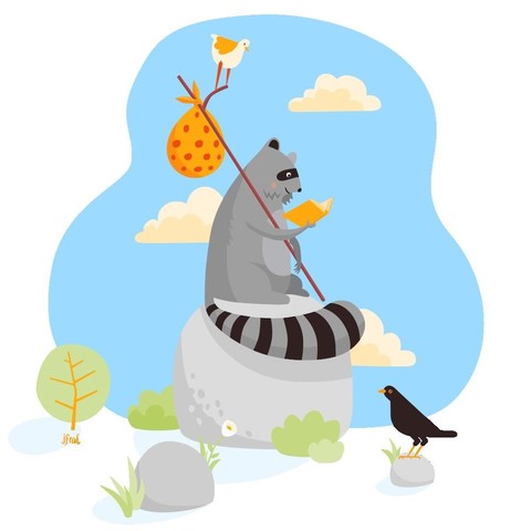A vector illustration of a raccoon sitting on a rock, happily reading a book, accompanied by two birds.