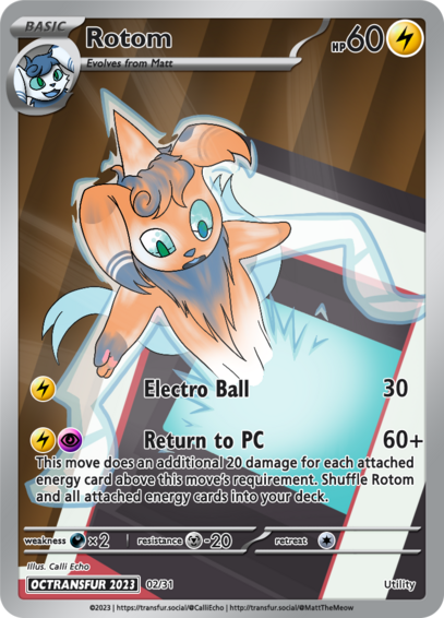 A custom PokÃ©mon Trading Card Game card. Matt, a Meowstic, is being sucked into a PokÃ©mon Center PC as electricity crackles out from its screen.