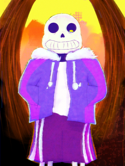 Sans from Undertale with a glowing eye. He is looking down at the floor/viewer