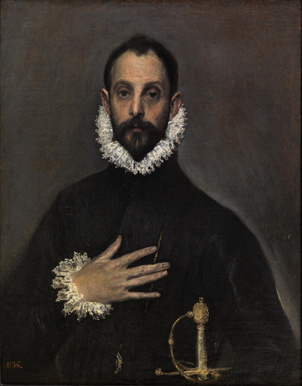 From the Prado: “The sitter, who is aged around 30, is dressed according to Spanish fashion of the late 1570s, with a narrow, white ruff that reaches up behind his ears and frames his head. Standing out against his tight-fitting, black silk doublet are his right hand, resting on his breast, and the gilded hilt of his sword. The way that the left arm is bent suggests the he is holding and presenting the sheathed weapon with his left hand, which is invisible to the viewer. The figure is outlined against a plain background of a pearly grey tone modulated by the reddish-brown of the preparatory layer beneath, which is visible on the surface… The inclusion of the costly sword, the solemn and rhetorical gesture of the right hand… the half-hidden medallion that he wears and above all,  the direct relationship established between sitter and viewer, have made this figure an iconic image of the Castilian and by extension the Spanish knight.”