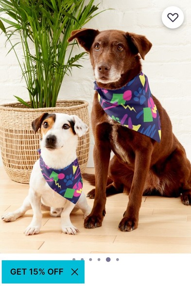 A photo of two dogs wearing pet bandanas that have a colorful arcade pattern of geometric shapes and paw prints on it. 15% off in store right now.