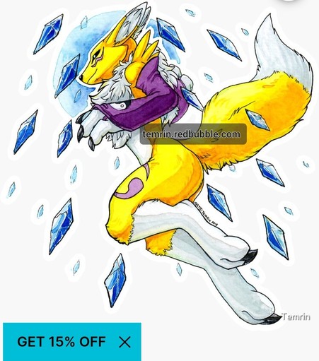 A yellow and white fox character with purple markings and sleeves floating mid air surrounded by a magical ice/diamond storm. They have a small smile while looking to the left. 15% off in store.