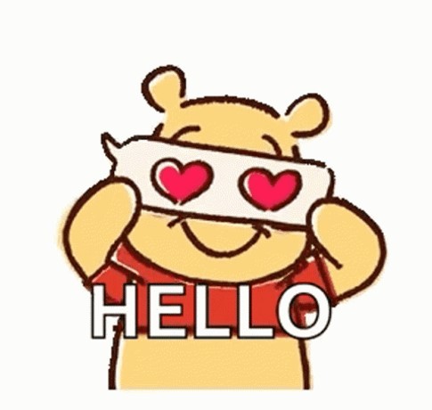 GIF (still frame of a GIF) of Pooh Bear holding a card with two hearts in front of his eyes and smiling, caption says, "HELLO"