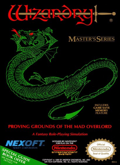 Wizardry NES box art, featuring a green dragon on a black background