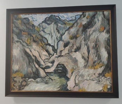 painting of river running through mountains, looking down, the mountains are grey and brown with some blue, the brush strokes are very visible