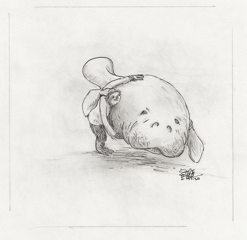 Pencil drawing of a sloth hugging a manatee