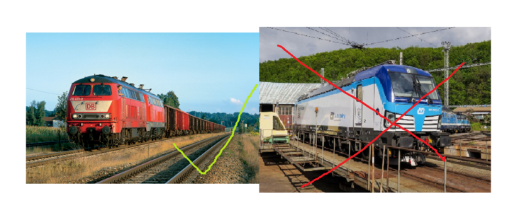 On the left is a DB class 218 locomotive with a green arrow. On the right is a blue Siemens vectron electro locomotive crossed out