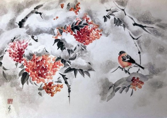 watercolor painting of an orange and black small bird sitting on branches of a tree that are covered in snow, there are orange flowers under the snow