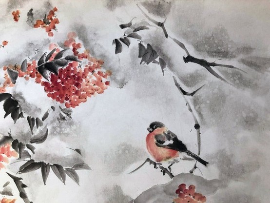 close-up photo of a section of the painting, showing the orange and black bird, it is small and fat-shaped and very cute