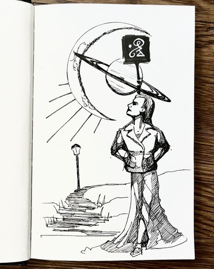 An ink drawing in a sketchbook showing a female in a leather jacket and long skirt, hands in pockets, looking up while walking. In the background is a large sliver moon and a smaller planet with rings. Above the womanâ€™s head, a cryptic glyph floats in a black square.