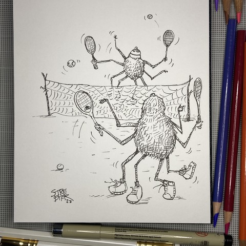 Ink drawing of two spiders playing tennis