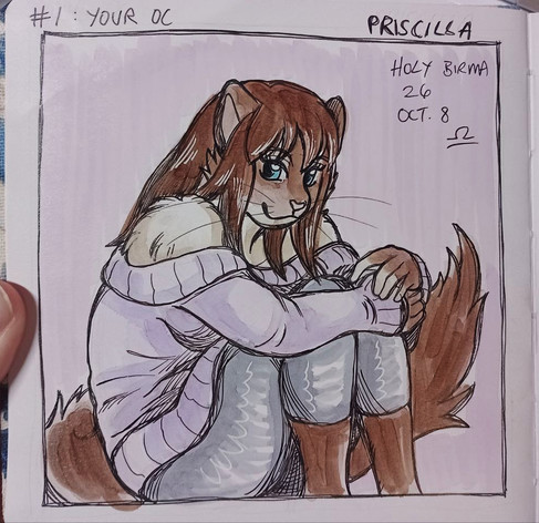 drawing of an anthropomorphic cat sitting and hugging her knees