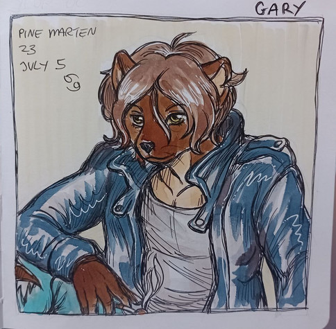 drawing of an anthropomorphic pinemarten in a leather jacket, sitting somewhere and holding a cigarette