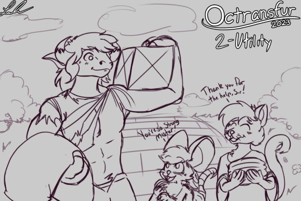 Digital sketch. A group of 3 are waling down a brick road, all 3 recently transformed into anthro animals. A adult male anthro bovine is carrying a large sack in one arm and a crate in the other. His shirt is torn to shreds and pants forming tightly on his legs. Yet he is gently smiling at the two younger anthros. In the middle of the group is a very young anthro mouse girl, shirt very loose on her from shrinking a bit into the mouse form. She slings a small bag across her shoulders. She is looking up at the bovine man and smiles, "You're so strong mister!" she squeaks. On the right is a young anthro cat boy. He is carrying a stack of clothing in his arms. The shirt he is wearing is also loose on him, implying that he shrunk somewhat as well. He has a bit of a nervous smile on his face, but has appreciation in his voice "Thank you for your help, sir!" He says politely.