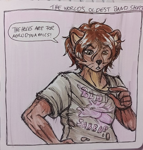 drawing of an anthro pine marten in a washed out ugly band shirt that says "blap sabbap". he is pinching the neckline and saying "the holes are for aerodynamics!"