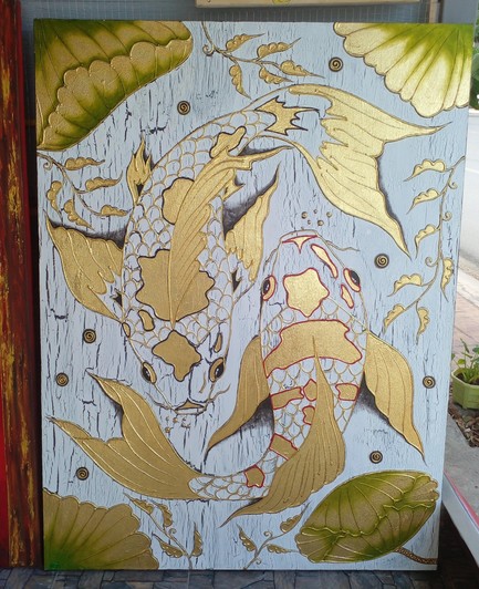 photo of a painting, the background is white, there are koi fish swimming in a circle in a yin-yang formation, their scales are outlined with gold paint and their fins are gold, the leaves of the aquatic plants around them are painted in gold too
