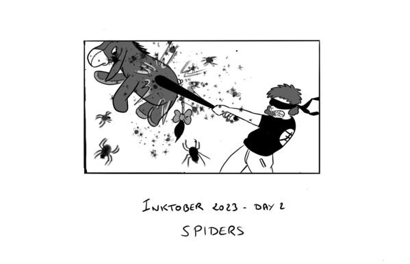 Inktober 2023 - jour 2
Spiders
Un garÃ§on tape avec beaucoup dâ€™Ã©nergie une piÃ±ata bourriquet et des araignÃ©es en jaillissent