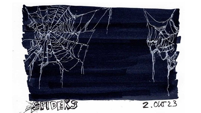 Schwarzer aufgemalter Hintergrund. zwei weisse Spinnennetze sind daruaf gezeichnet. Unten links das Wort "Spiders"