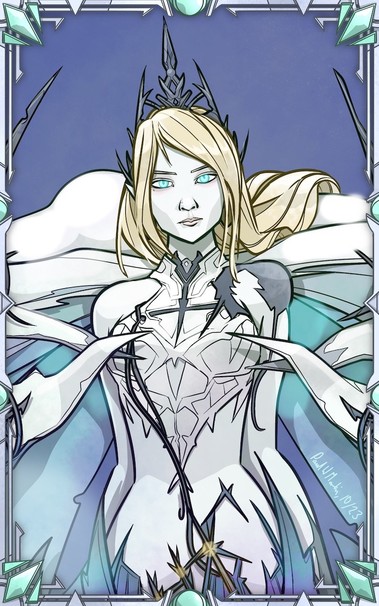 A drawing of the summonable character Shiva from Final Fantasy 16, a kind of ice elemental lady. She'd drawn looking at the viewer, her cloaks (?) billowing out behind her.