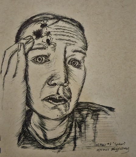 A woman with spiders crawling out of her brain drawn in ink.