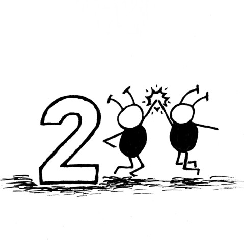 Two Martians jump and give each other a high five next to a large number "2". That's literally the numeral 2. I do not mean poop.