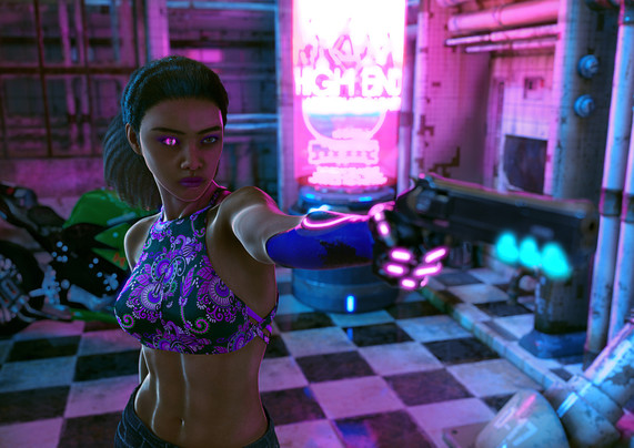 A mixed race Afro-Asian woman points a gun at the camera. She has a cybernetic eye on the right side, and a cybernetic arm on the left side.

The room around her is a shabby workshop, with tiled floors, a semi-disassembled bike and a huge holographic sign advertising 'high end motor mechanics.'