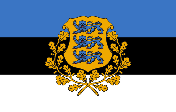 a flag with three bars of color going across, the top is blue, the middle is black, the bottom is white, there is a yellow shield shape with three identical illustrations of blue lions on it, there is a wreath of yellow underneath