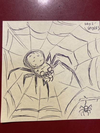 A yellow Post-It with a hand-drawn spiderweb, with a large, somewhat fearsome-looking spider lying in the center. In the bottom right corner, an itsy-bitsy spider hangs from a twig.