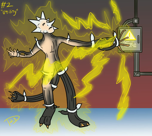 A person in a utility closet turning into the pokemon Xurkitree while being shocked by a power conduit.