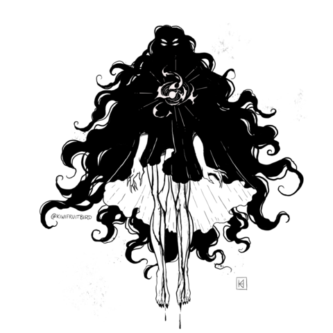 Black and white illustration of a demonic girl in shadow for the upper half of her body with long billowing wavy hair, blood is dripping down her legs as she floats