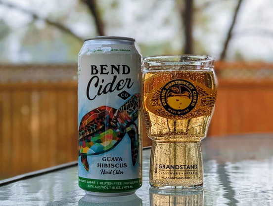 Can and glass of Guava Hibiscus Hard Cider from Bend Cider Company of Bend, Oregon