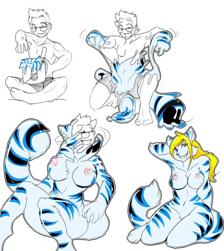 A four-panel comic. In the first panel, a man drawn in black-and-white lineart is sitting cross-legged with a can of white- and blue-striped paint on his lap, with the paint can labeled with a picture of a cat. In the second and third panels, the paint is increasingly coating the man, transforming him into an anthro tigress in color. The man's expression is clearly enjoying it. In the final panel, the tigress is striking a pose, grinning at the viewer.