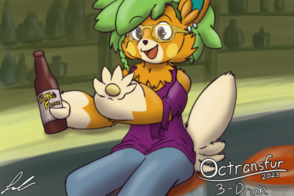A digital drawing of CalliEcho transforming into a Pawmot. They are sitting at a bar counter, drinking a "Poke-Fizz" bottled beverage. The Transformation is finished. Calli looks excitedly at her new bappy Pawmot arms. The sleeves on their shirt are torn from the transformation.