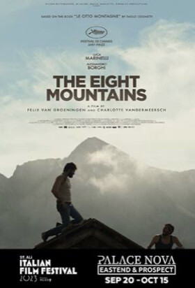 Movie poster for The Eight Mountains depicting two men and a mountain, which I assume is one of the eight mountains the movie may or may not be about.