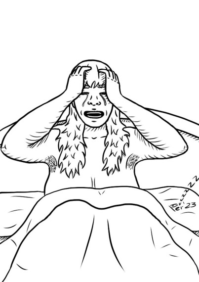 Illyana, la protagonista de mi cómic, sentada en la cama llorando con las manos en la cabeza.