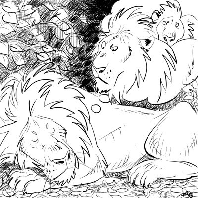 Ink drawing of a sleeping lion dreaming of lions for #inktober day 1. The topic is â€œDreamâ€�.